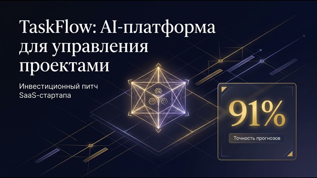 Питч-дек SaaS-стартапа в тёмном премиум-стиле: метрики MRR, churn rate, воронка продаж