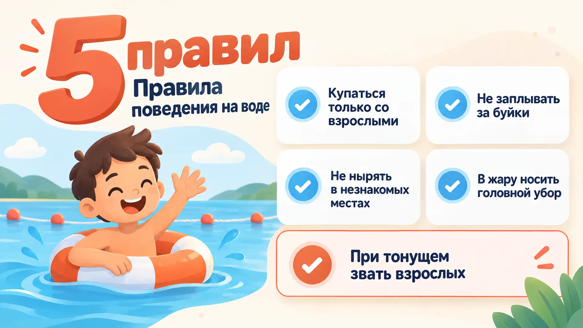 Карточка инфографики «Правила поведения на воде» в школьном стиле
