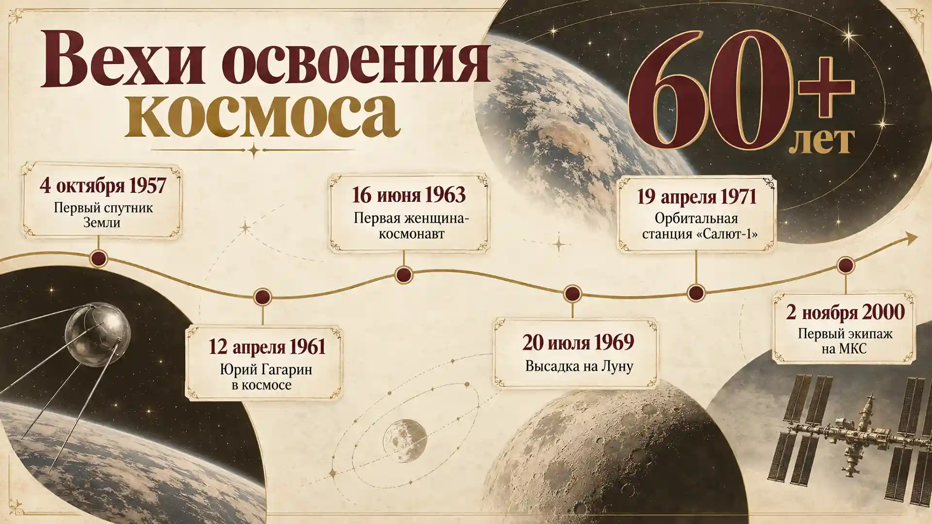 Пример инфографики: Космонавтика: от Спутника до МКС (Наследие)