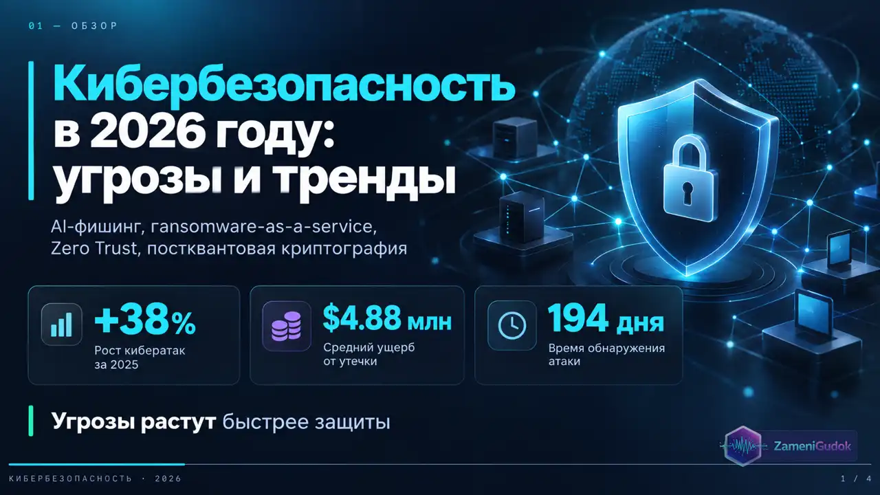Слайд: Кибербезопасность в 2026 году: угрозы и тренды